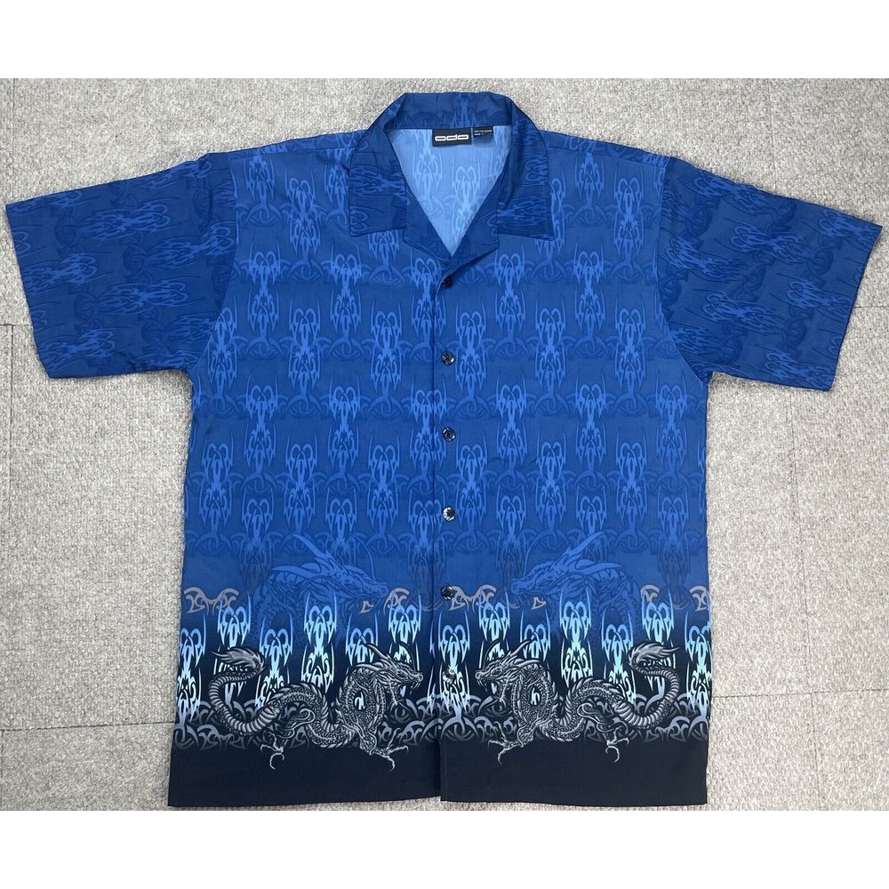 ODO Men's Button Up Short Sleeve Dragon Print Shirt Size‎ Large